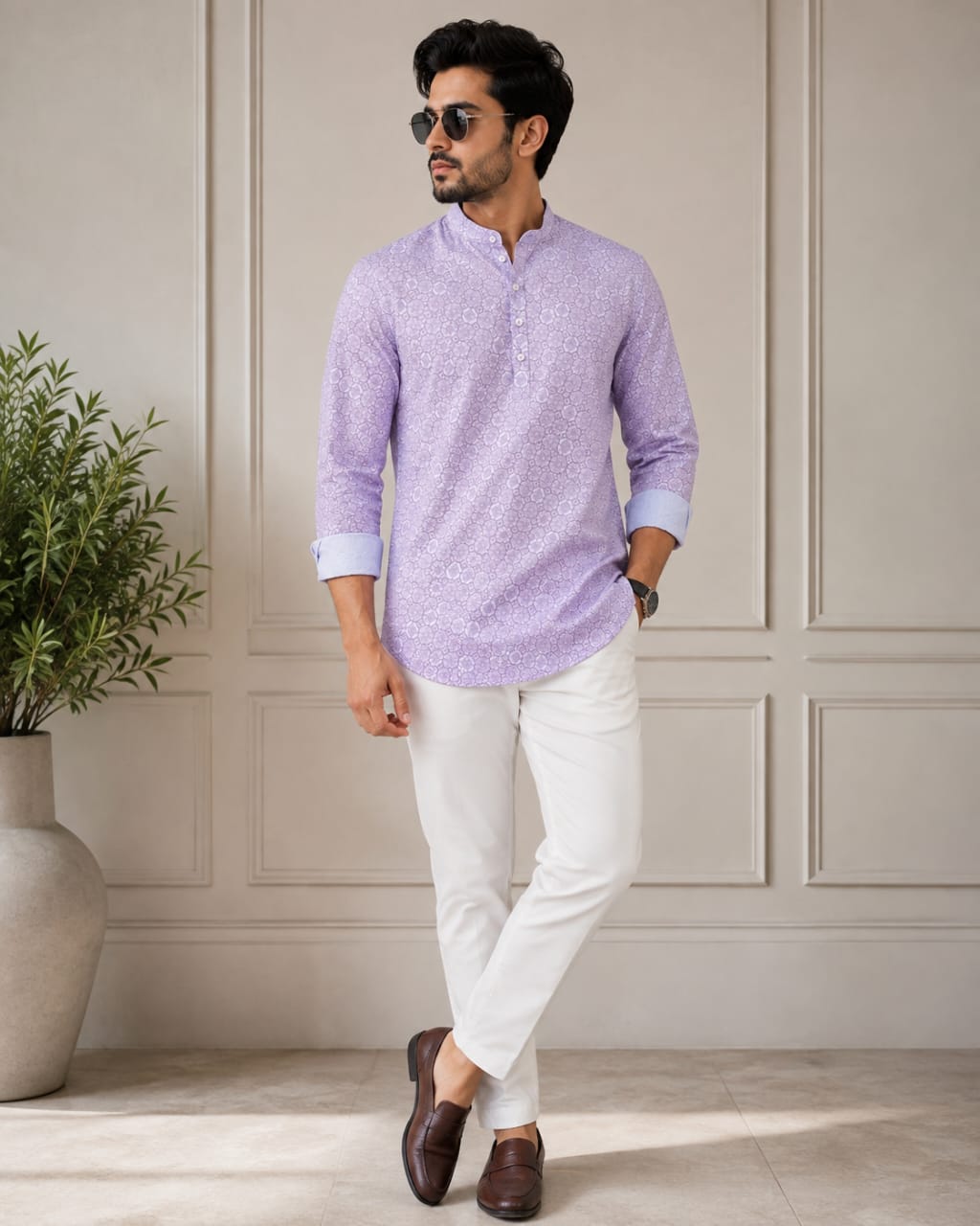 Lavender Elegance Men’s Patterned Cotton Blend Kurta Shirt