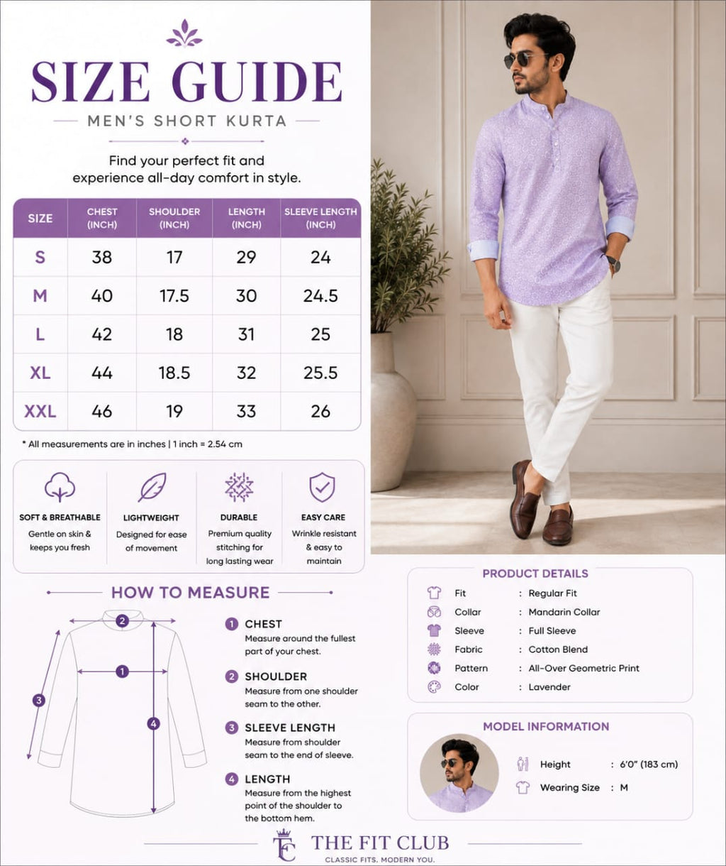 Lavender Elegance Men’s Patterned Cotton Blend Kurta Shirt