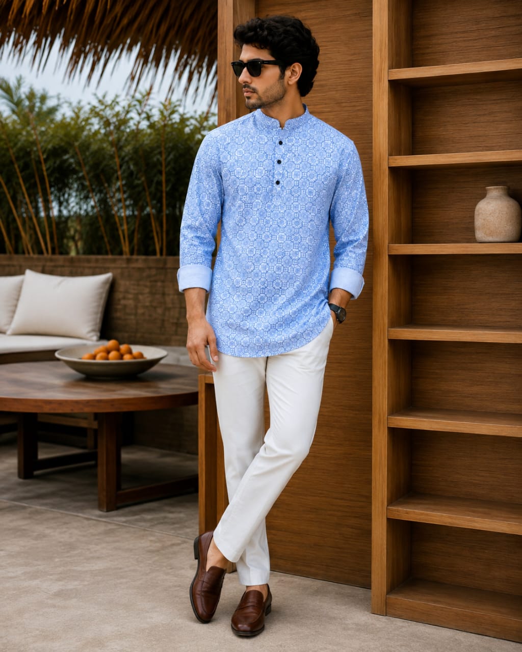 Cool Blue Elegance Men’s Patterned Cotton Blend Kurta Shirt