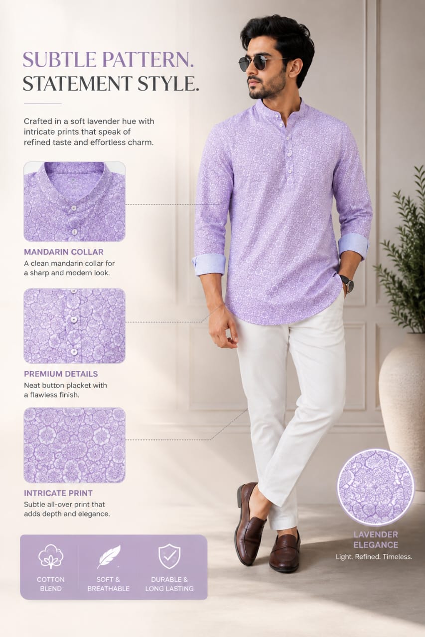 Lavender Elegance Men’s Patterned Cotton Blend Kurta Shirt