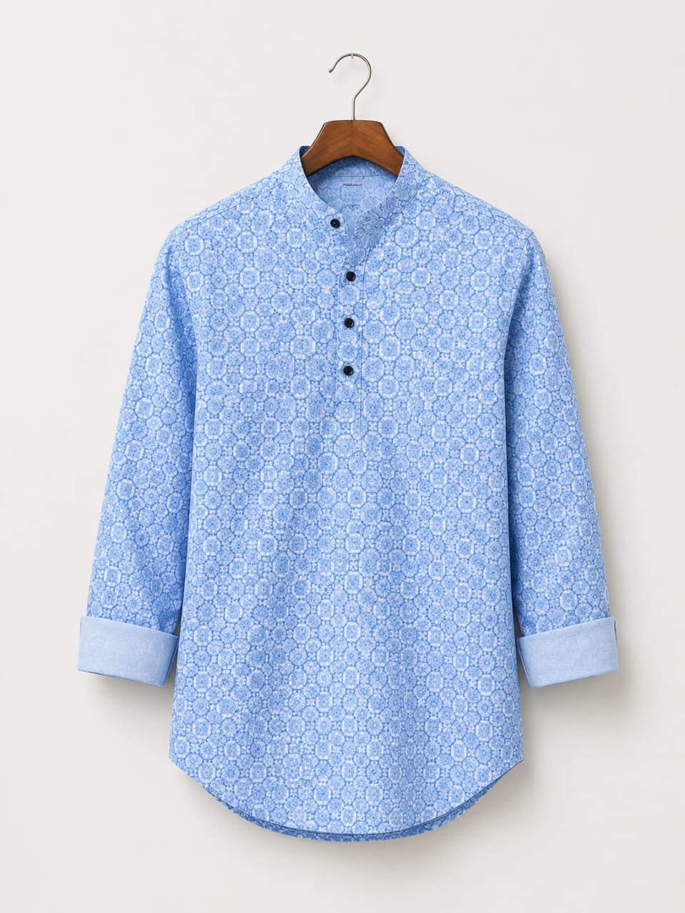 Cool Blue Elegance Men’s Patterned Cotton Blend Kurta Shirt