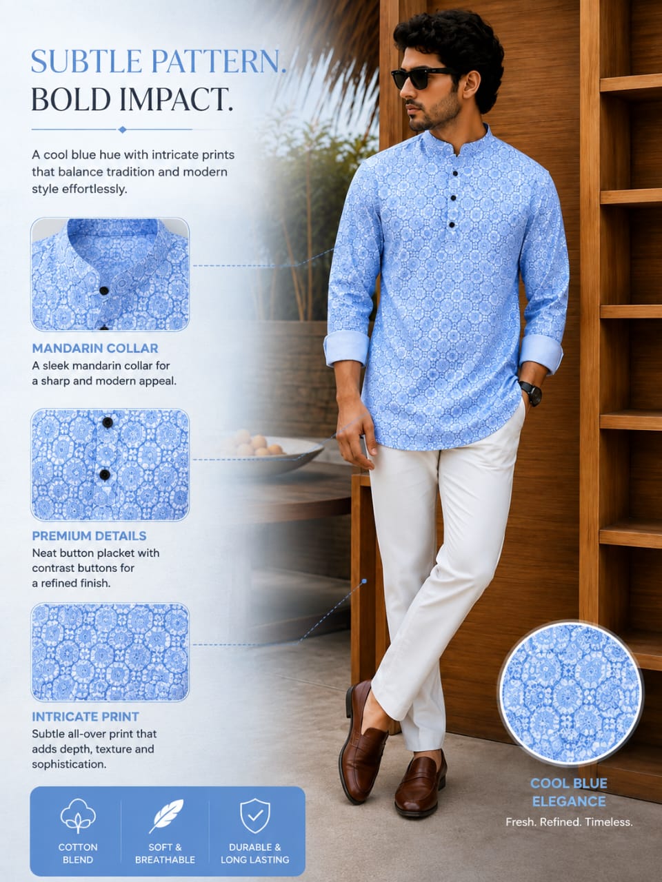 Cool Blue Elegance Men’s Patterned Cotton Blend Kurta Shirt
