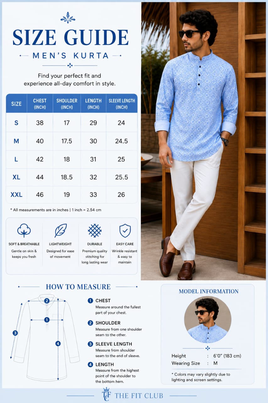 Cool Blue Elegance Men’s Patterned Cotton Blend Kurta Shirt