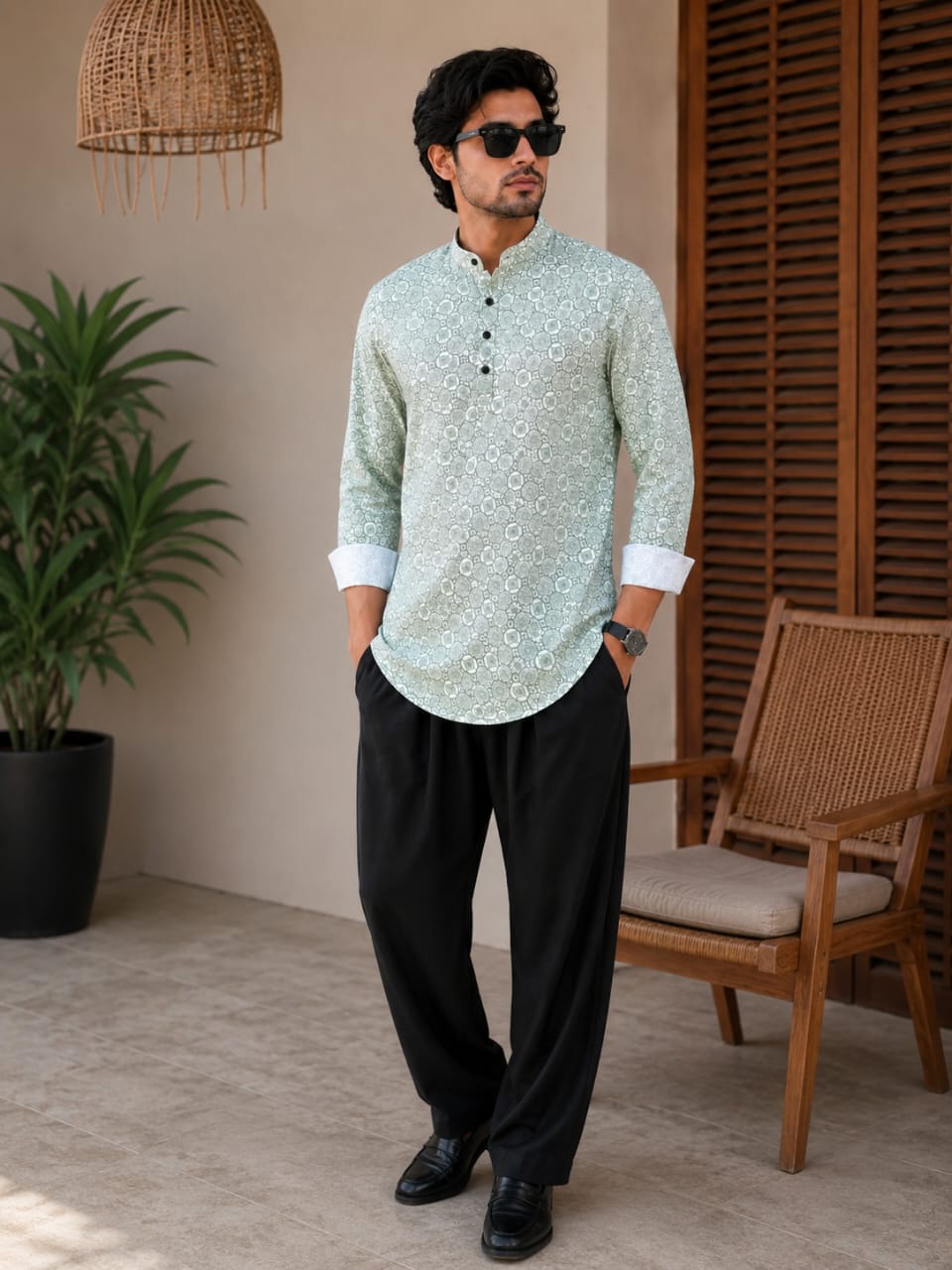 Subtle Pattern Men’s Soft Green Cotton Blend Kurta Shirt