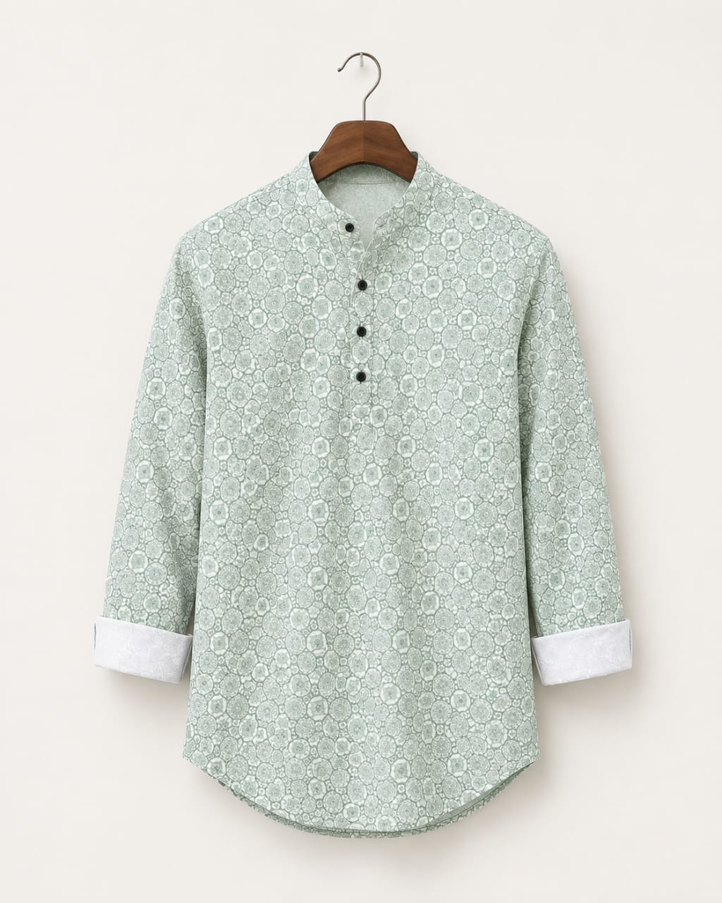 Subtle Pattern Men’s Soft Green Cotton Blend Kurta Shirt