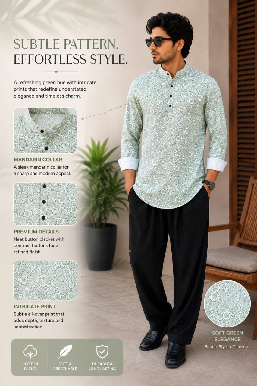 Subtle Pattern Men’s Soft Green Cotton Blend Kurta Shirt
