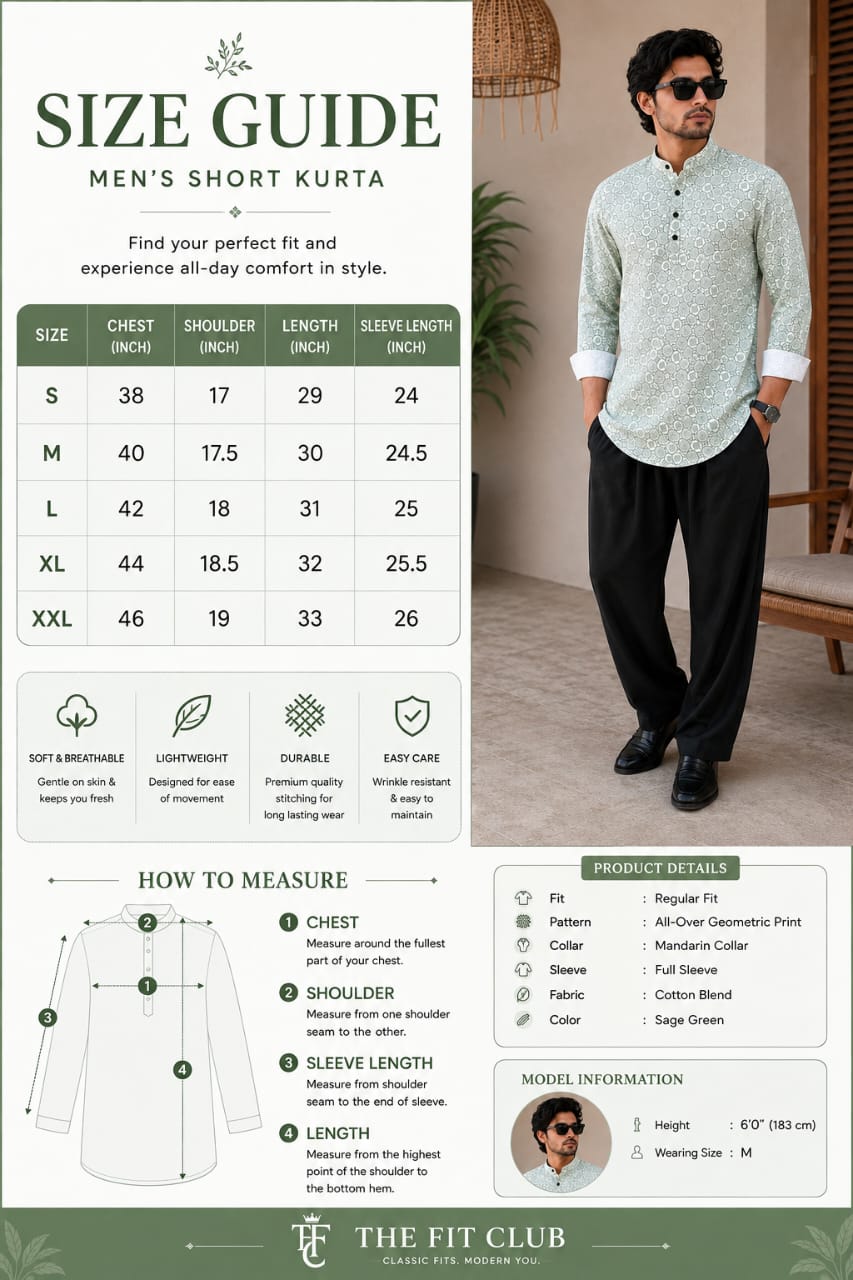Subtle Pattern Men’s Soft Green Cotton Blend Kurta Shirt