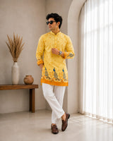 Vibrant Artistry Men’s Yellow Peacock Print Cotton Blend Kurta