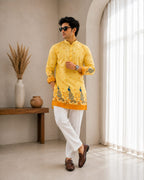 Vibrant Artistry Men’s Yellow Peacock Print Cotton Blend Kurta