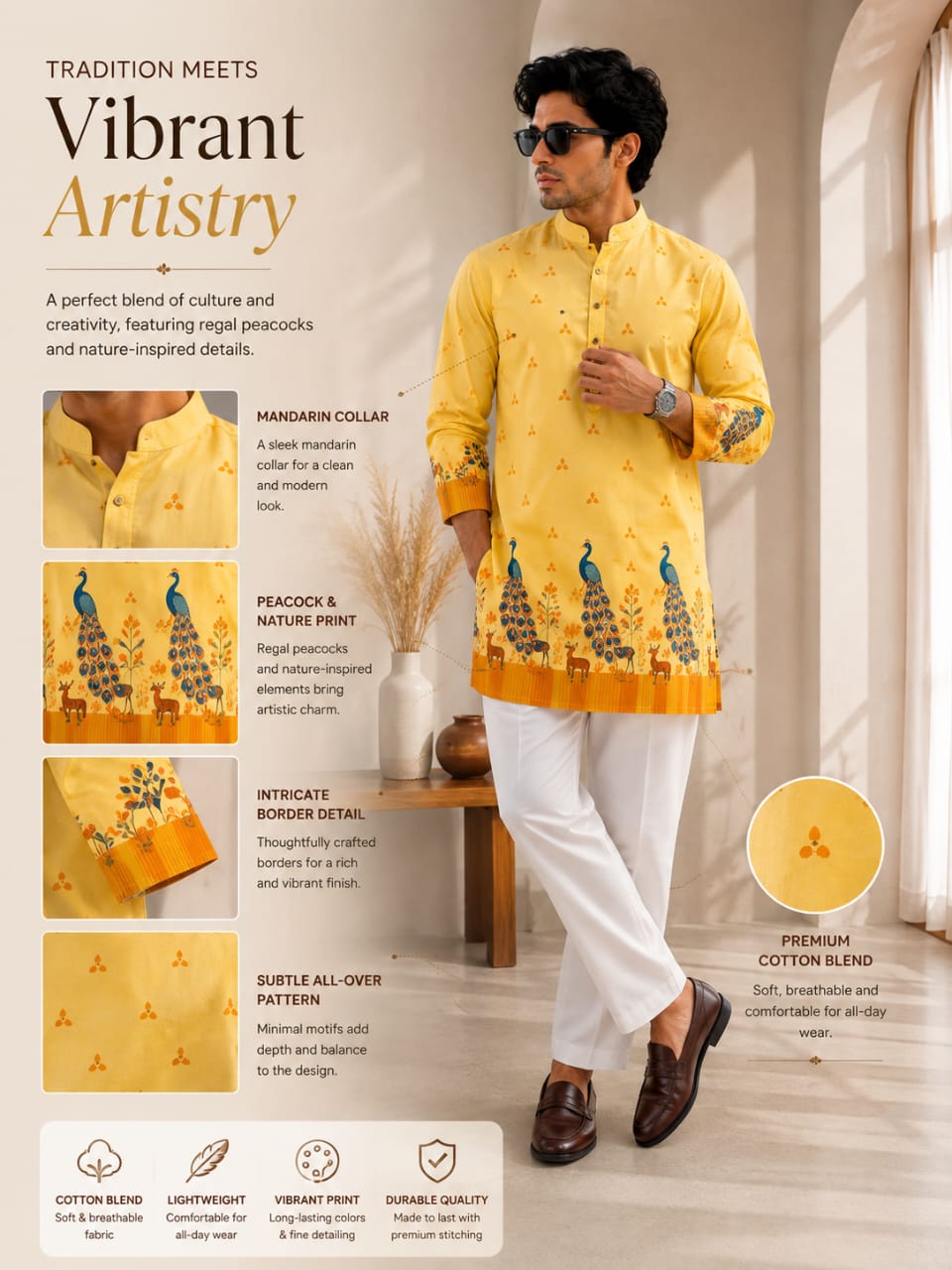 Vibrant Artistry Men’s Yellow Peacock Print Cotton Blend Kurta