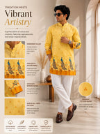 Vibrant Artistry Men’s Yellow Peacock Print Cotton Blend Kurta