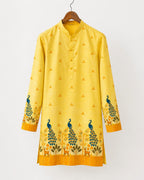 Vibrant Artistry Men’s Yellow Peacock Print Cotton Blend Kurta
