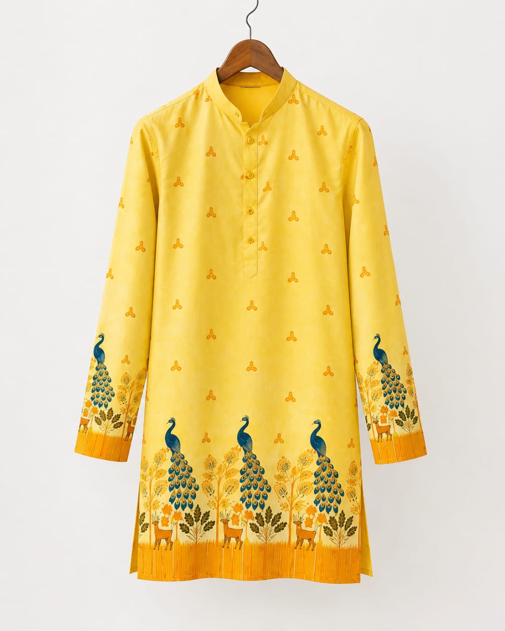 Vibrant Artistry Men’s Yellow Peacock Print Cotton Blend Kurta