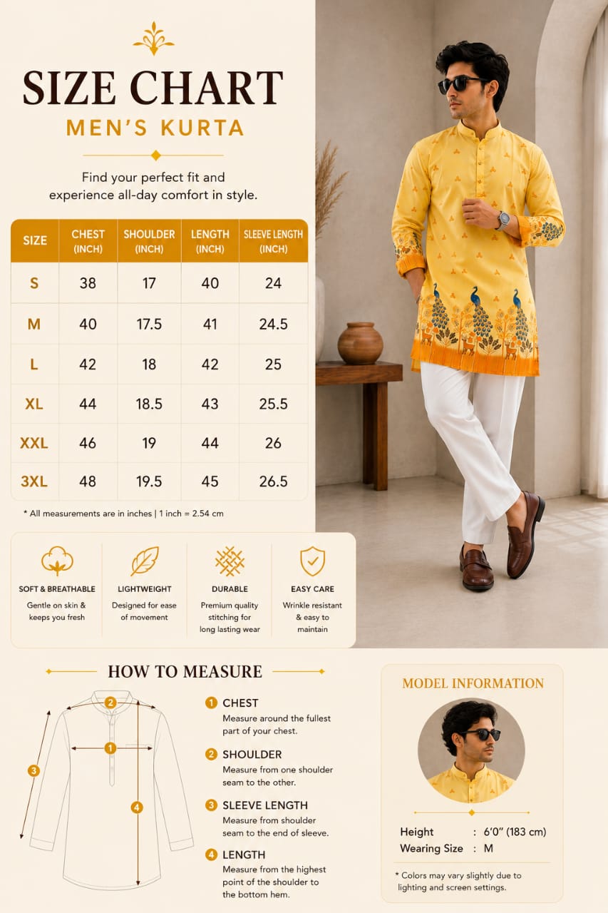 Vibrant Artistry Men’s Yellow Peacock Print Cotton Blend Kurta