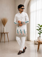 Vibrant Artistry Men’s White Peacock Print Cotton Blend Kurta
