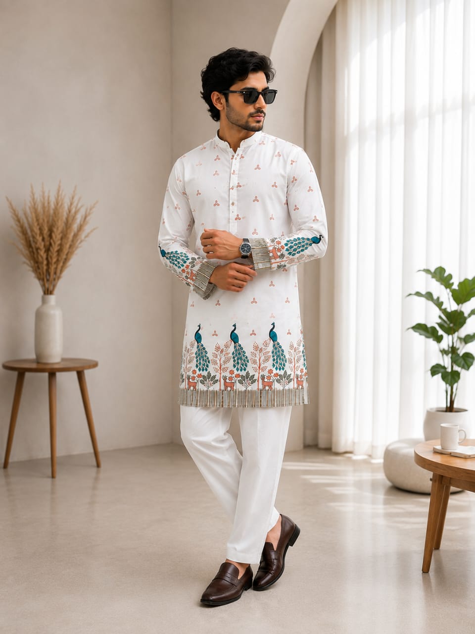 Vibrant Artistry Men’s White Peacock Print Cotton Blend Kurta