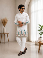 Vibrant Artistry Men’s White Peacock Print Cotton Blend Kurta