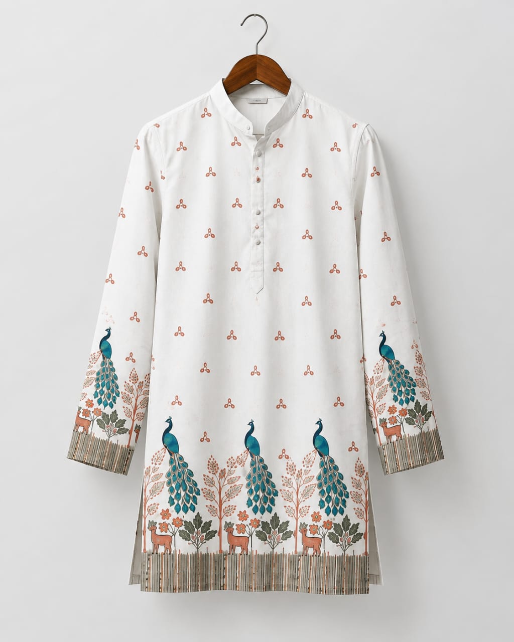 Vibrant Artistry Men’s White Peacock Print Cotton Blend Kurta