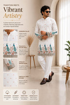 Vibrant Artistry Men’s White Peacock Print Cotton Blend Kurta