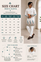 Vibrant Artistry Men’s White Peacock Print Cotton Blend Kurta