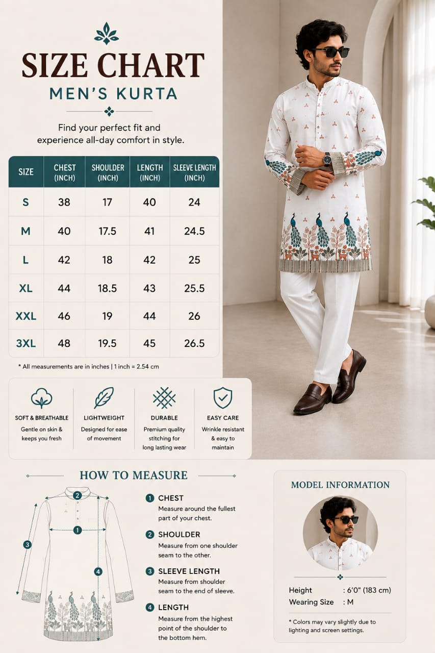 Vibrant Artistry Men’s White Peacock Print Cotton Blend Kurta
