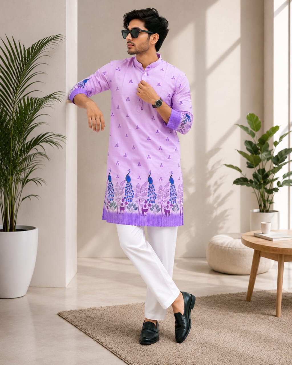 Vibrant Artistry Men’s Lavender Peacock Print Cotton Blend Kurta