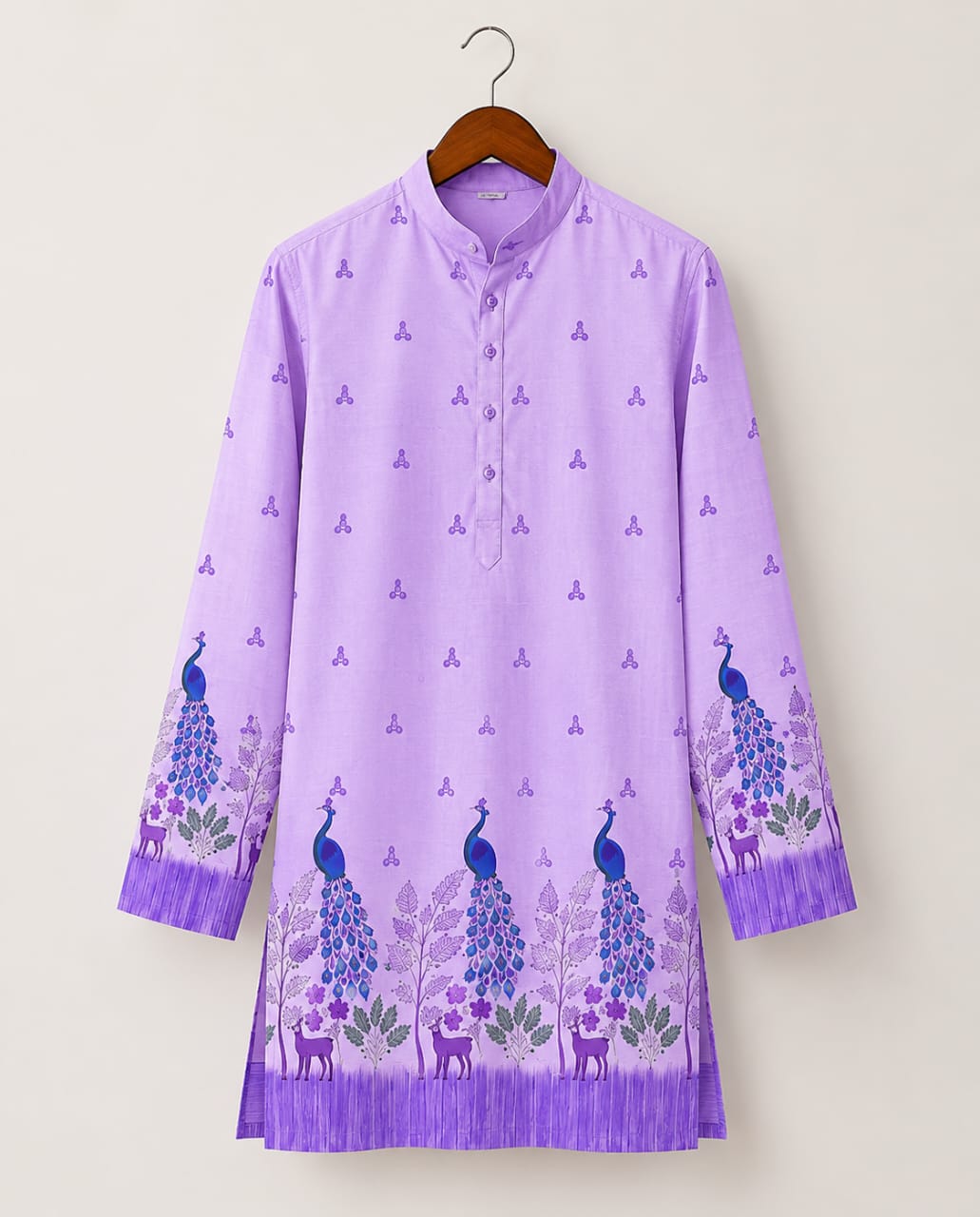 Vibrant Artistry Men’s Lavender Peacock Print Cotton Blend Kurta