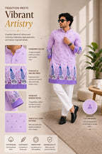 Vibrant Artistry Men’s Lavender Peacock Print Cotton Blend Kurta