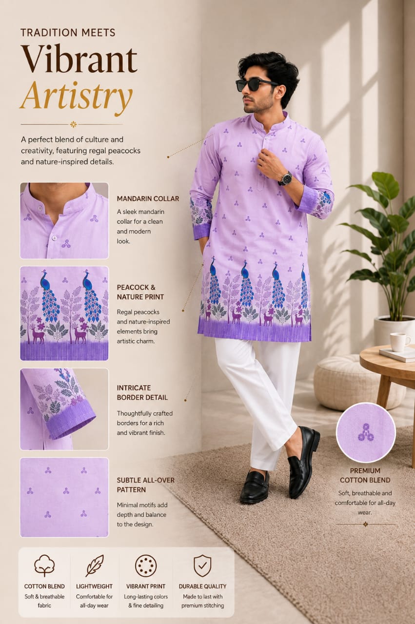 Vibrant Artistry Men’s Lavender Peacock Print Cotton Blend Kurta