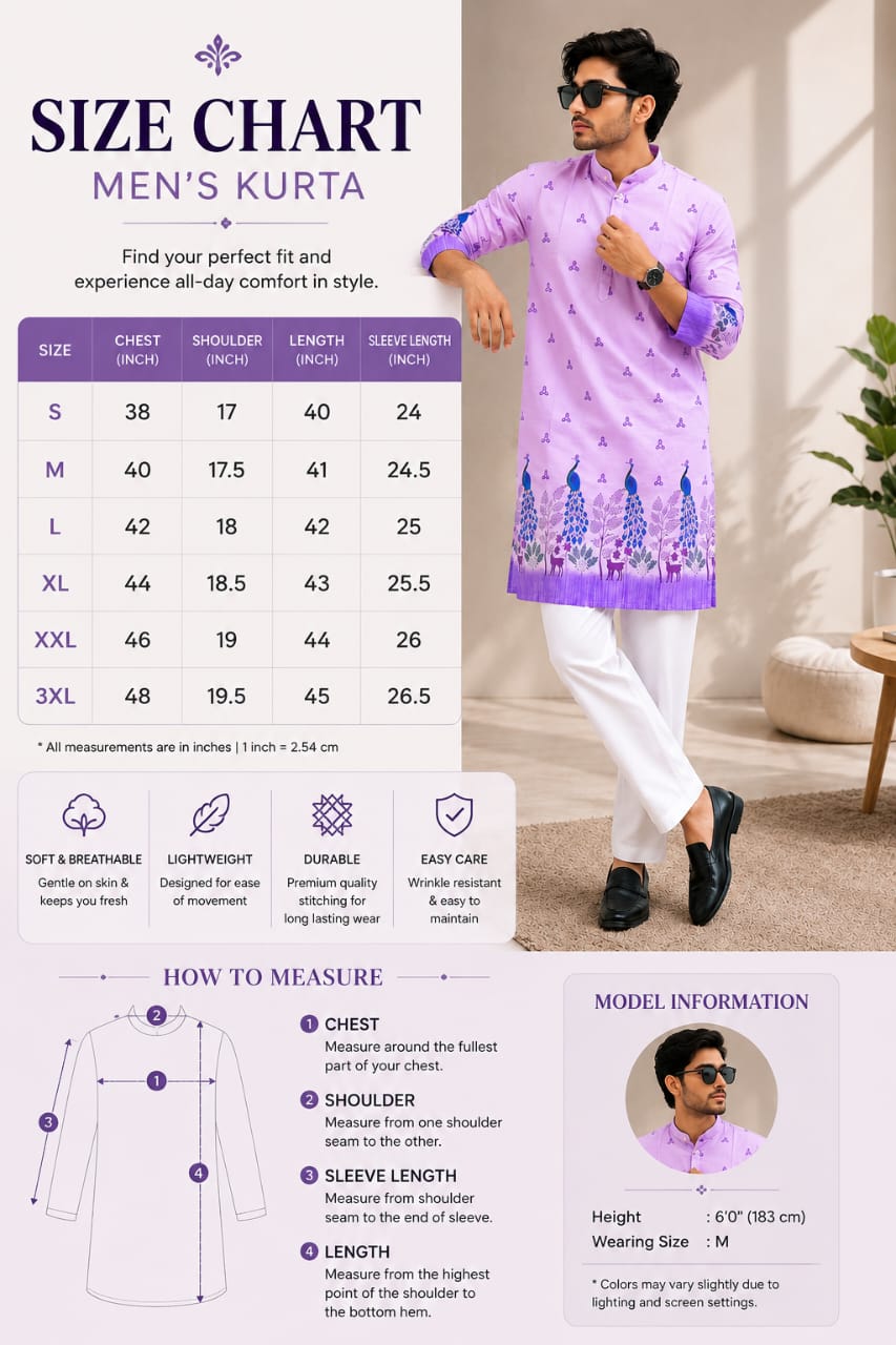 Vibrant Artistry Men’s Lavender Peacock Print Cotton Blend Kurta