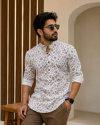 Timeless Elegance Men’s White Geometric Cotton Blend Shirt
