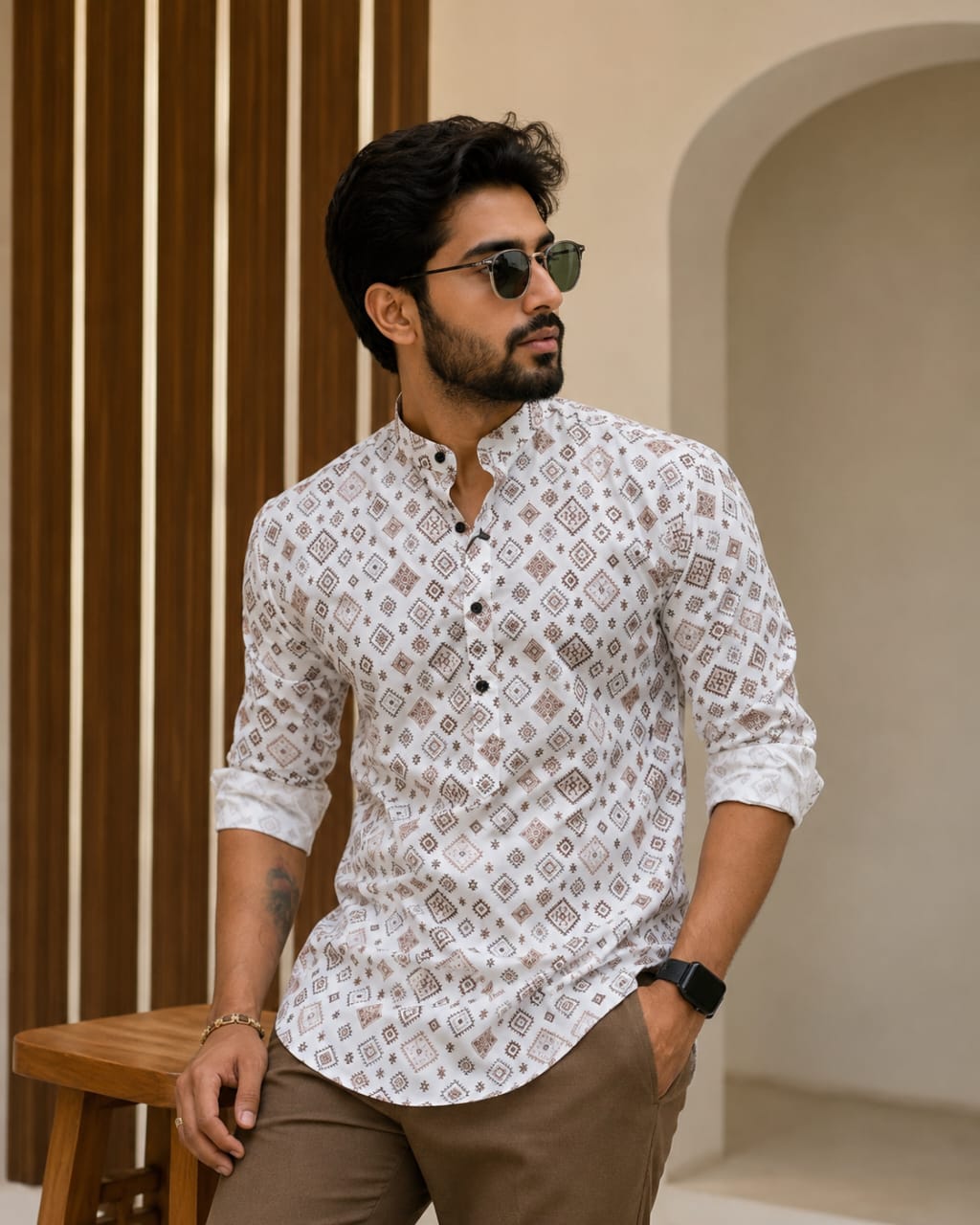 Timeless Elegance Men’s White Geometric Cotton Blend Shirt