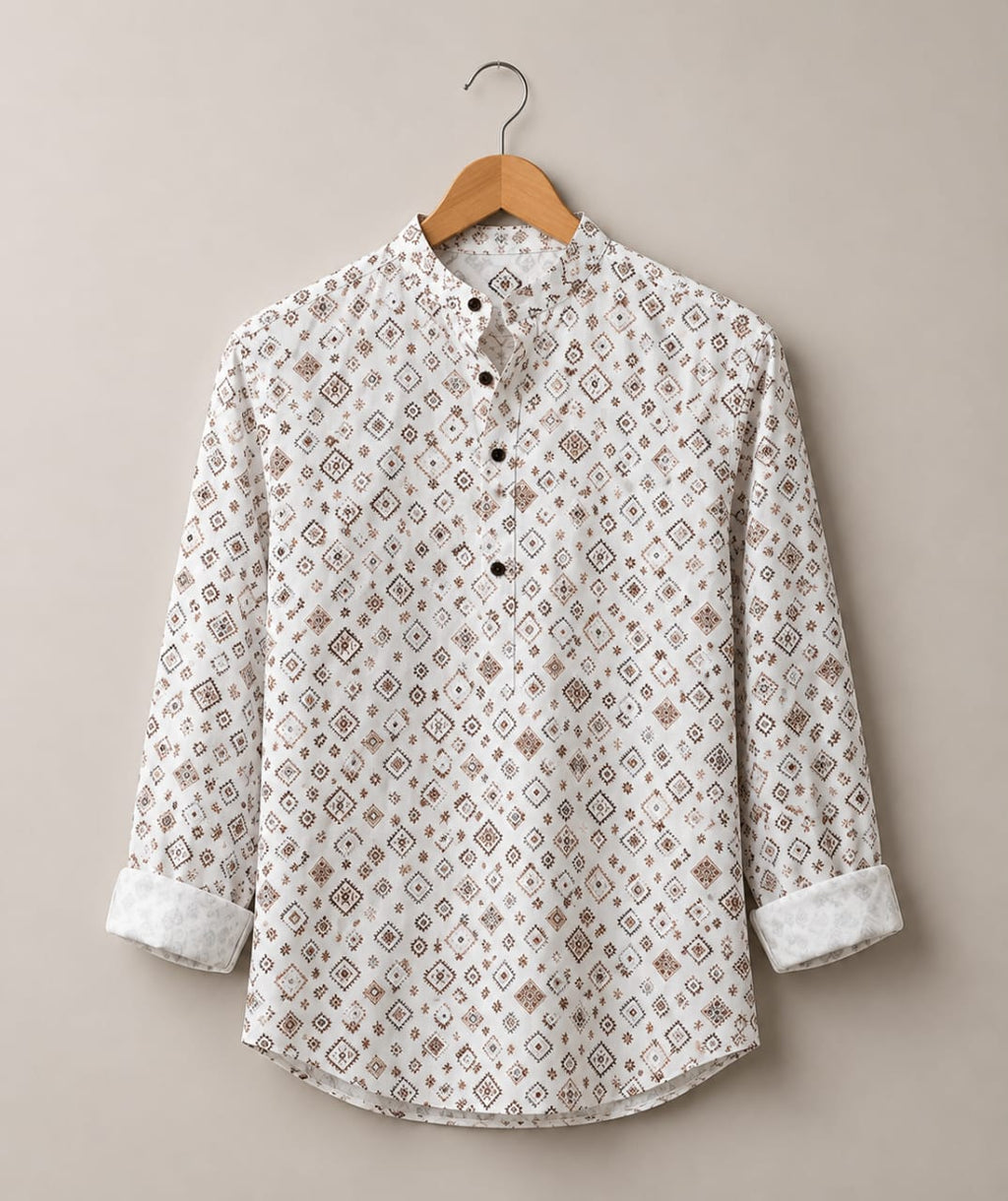 Timeless Elegance Men’s White Geometric Cotton Blend Shirt