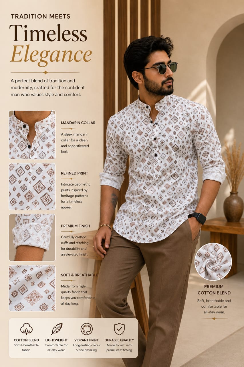 Timeless Elegance Men’s White Geometric Cotton Blend Shirt