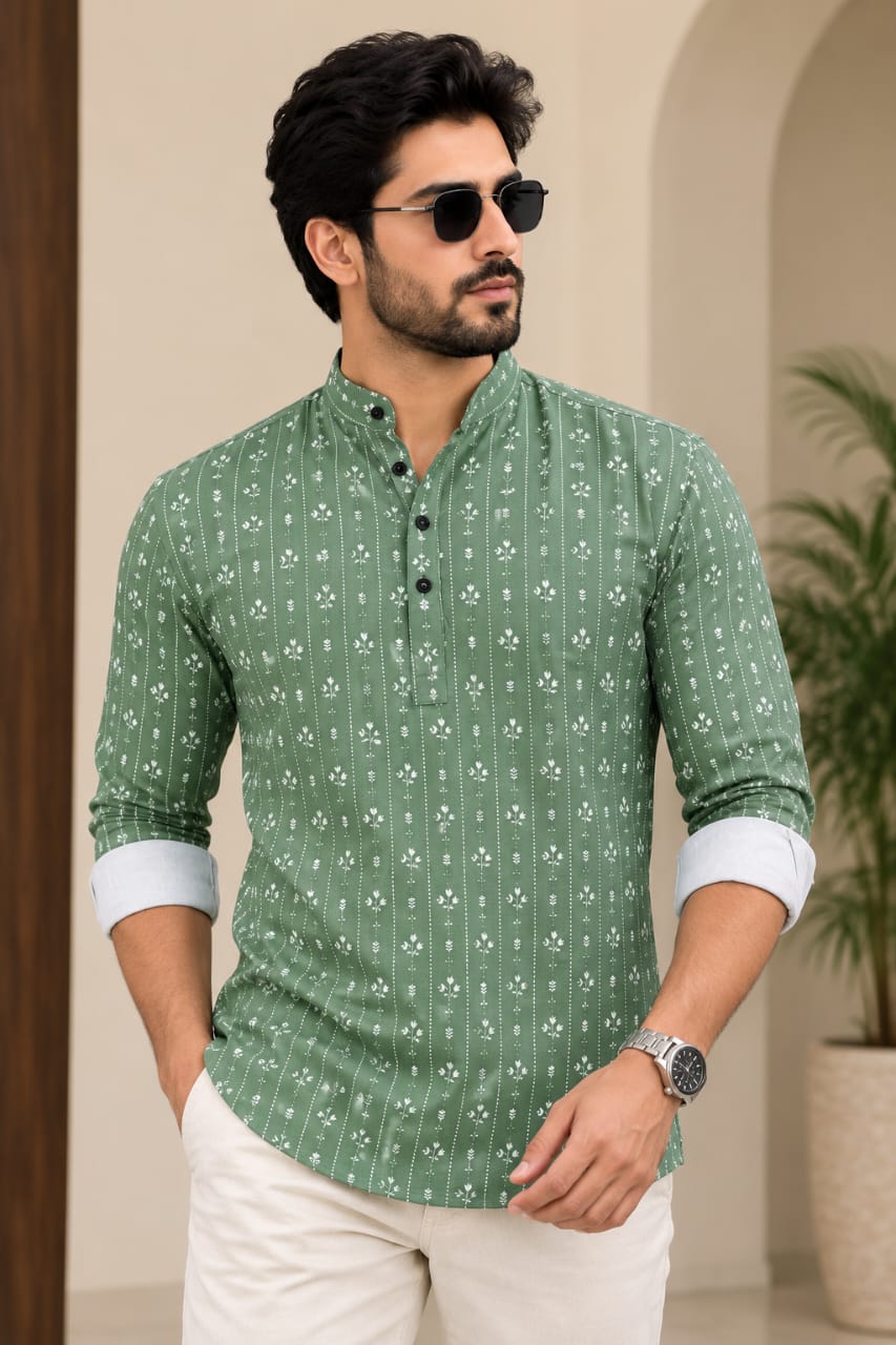 Rooted in Elegance Men’s Sage Green Cotton Blend Kurta Shirt