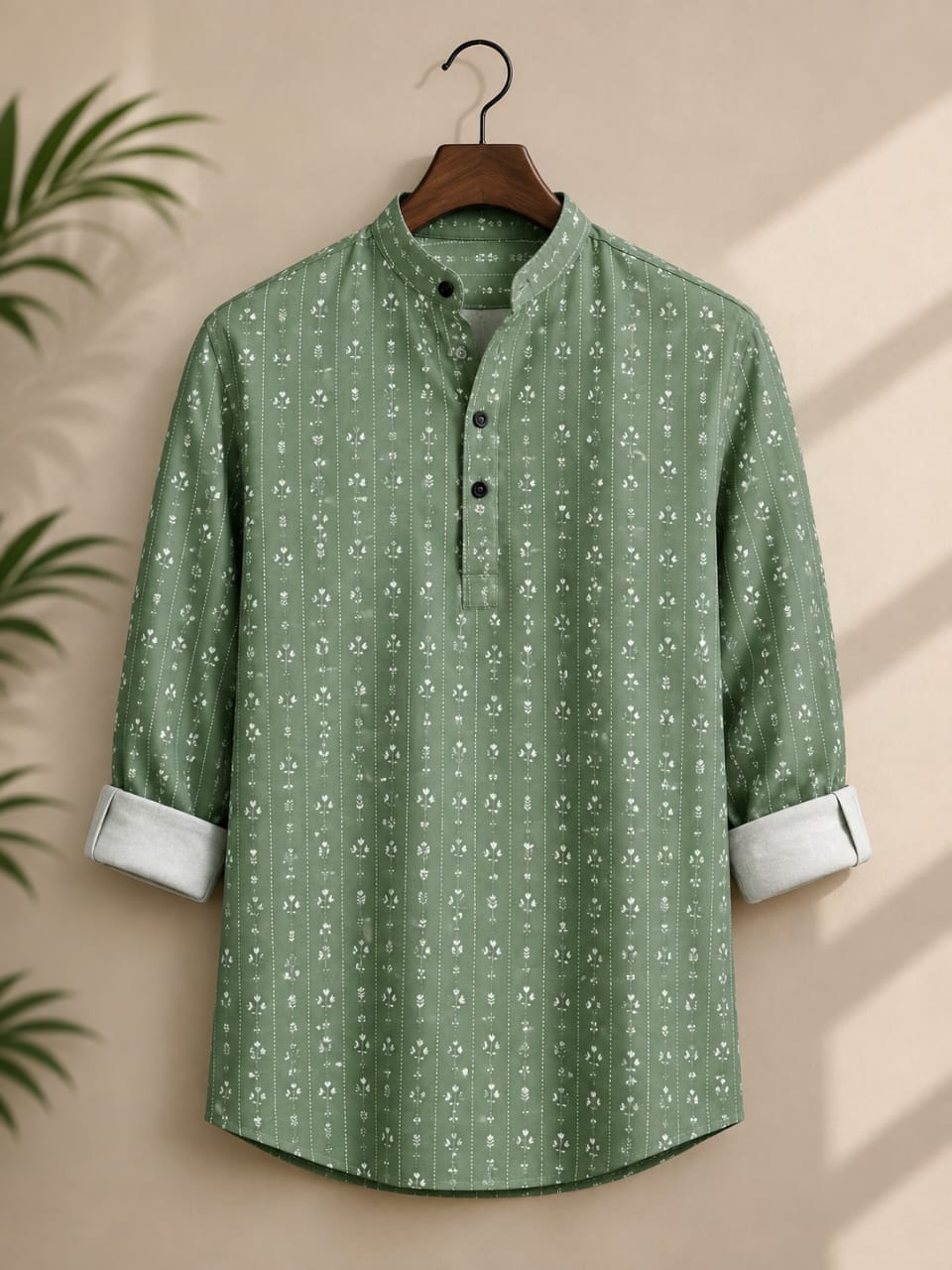 Rooted in Elegance Men’s Sage Green Cotton Blend Kurta Shirt