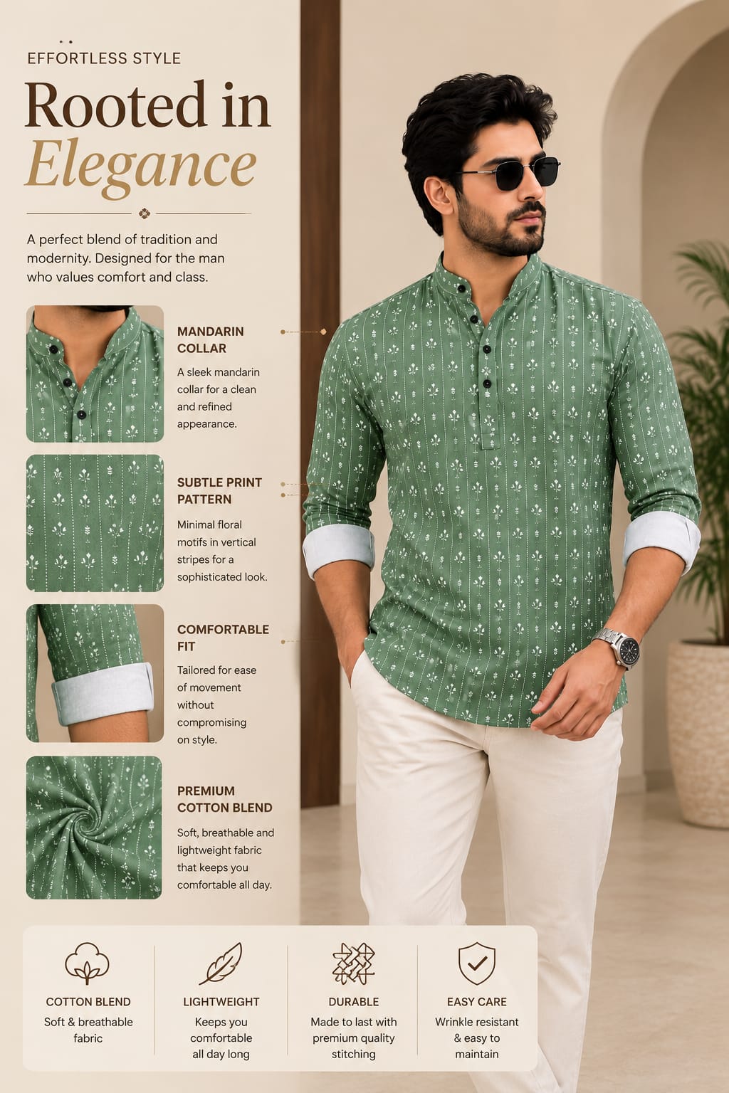 Rooted in Elegance Men’s Sage Green Cotton Blend Kurta Shirt