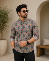 Tradition Reimagined Men’s Grey Printed Cotton Blend Kurta