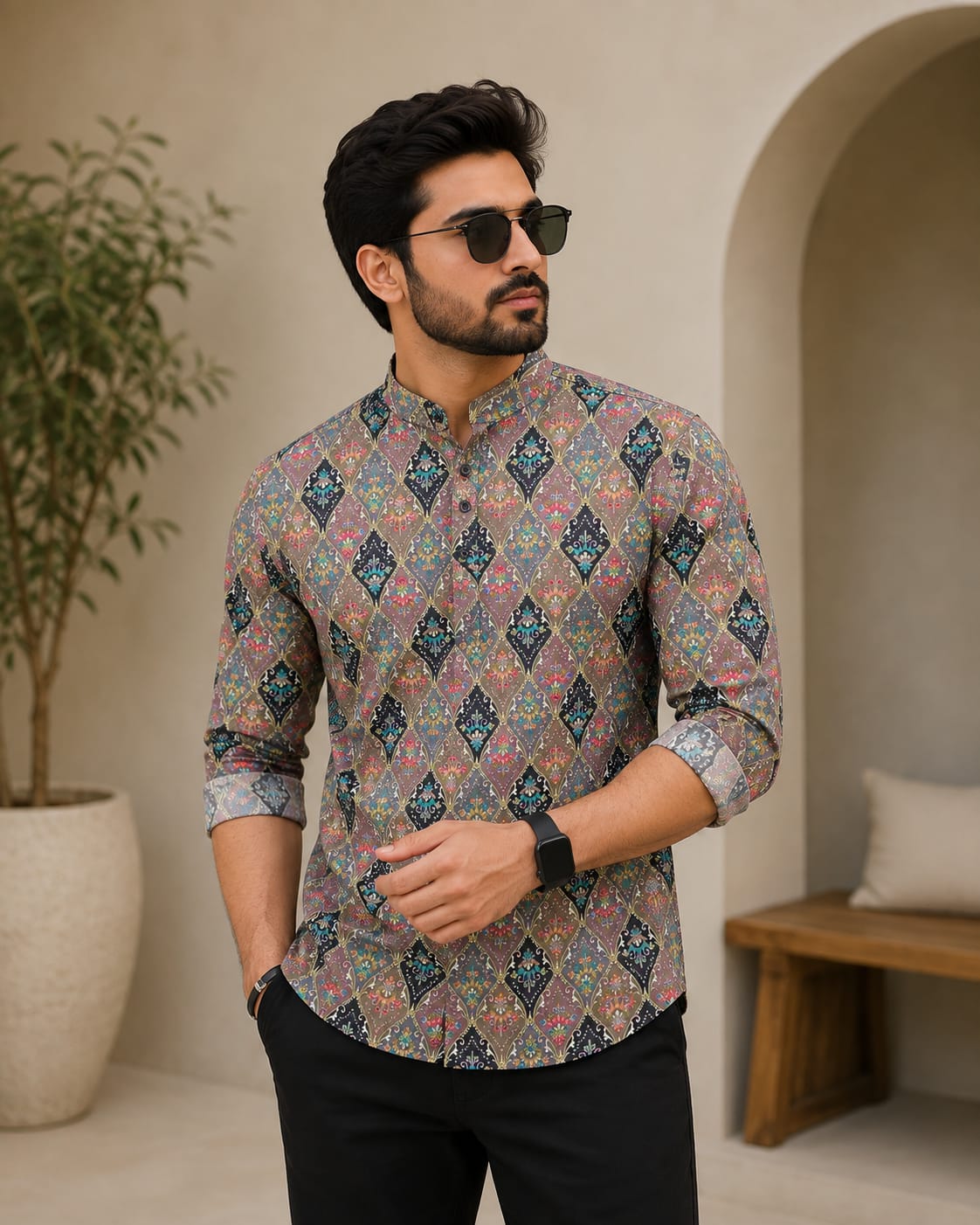 Tradition Reimagined Men’s Grey Printed Cotton Blend Kurta