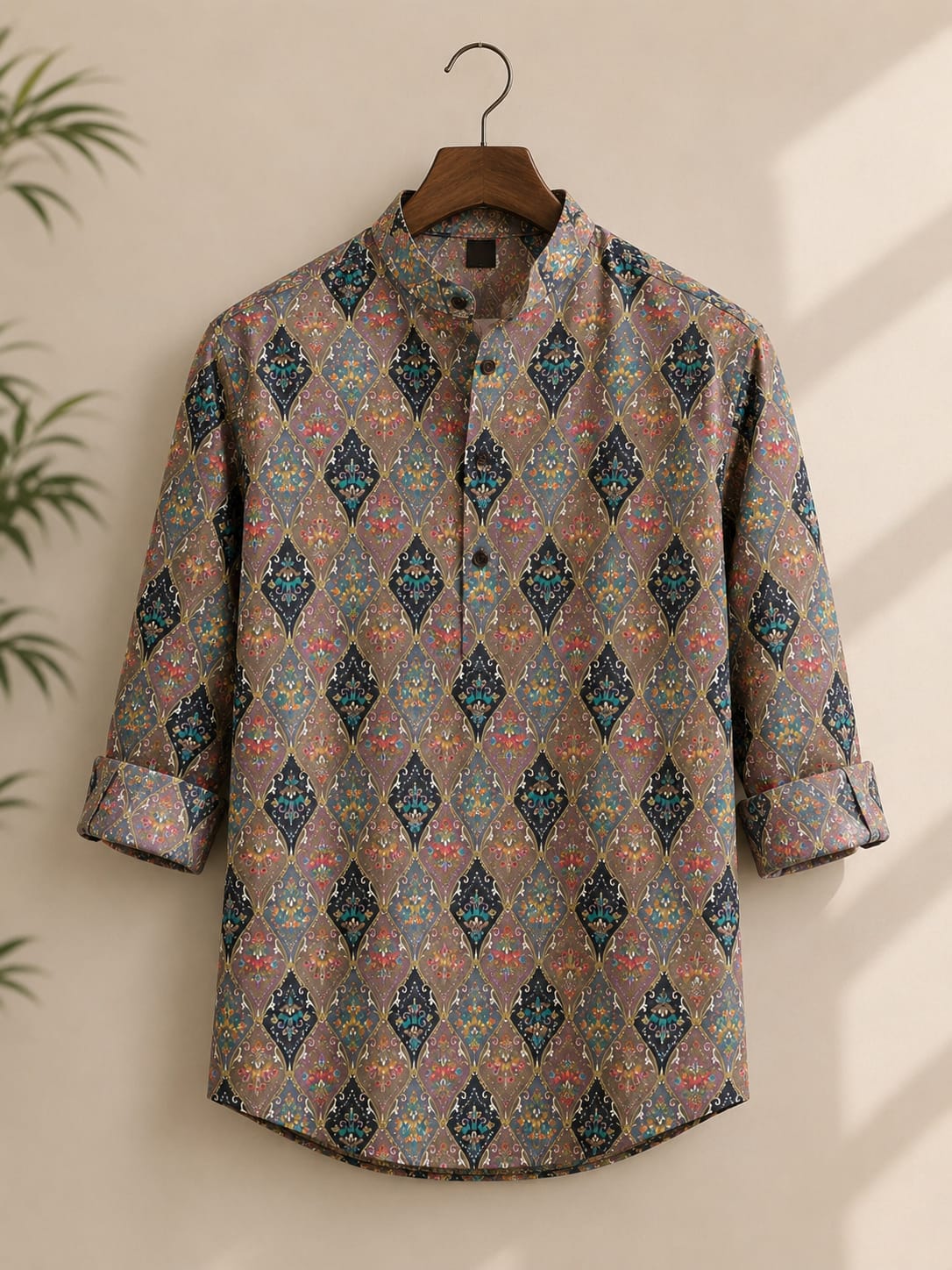 Tradition Reimagined Men’s Grey Printed Cotton Blend Kurta