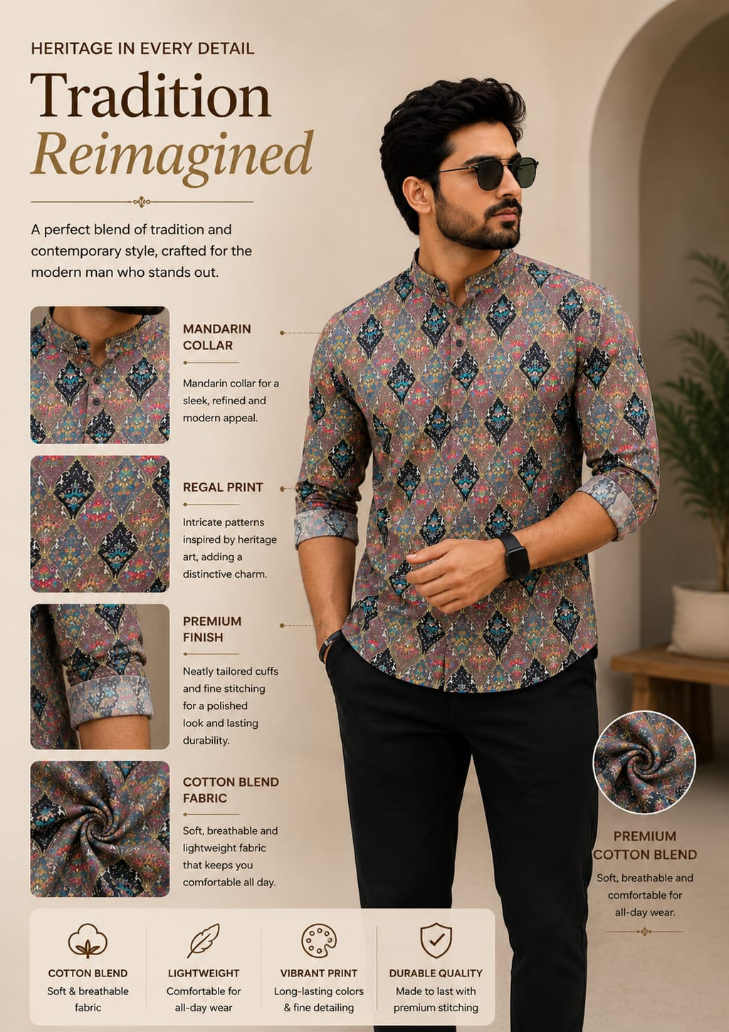 Tradition Reimagined Men’s Grey Printed Cotton Blend Kurta