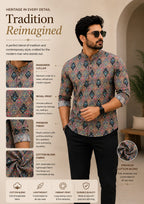 Tradition Reimagined Men’s Grey Printed Cotton Blend Kurta