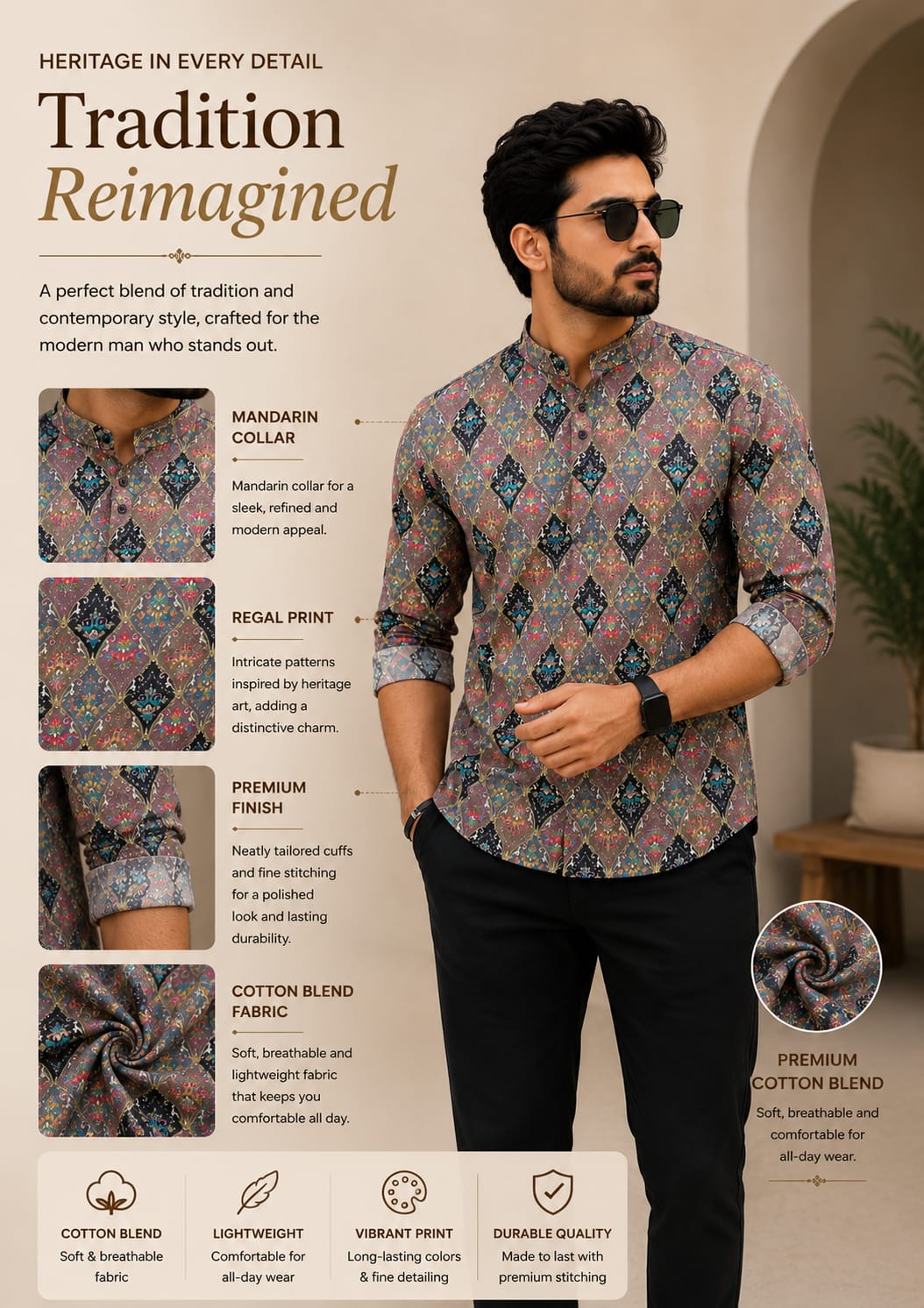 Tradition Reimagined Men’s Grey Printed Cotton Blend Kurta