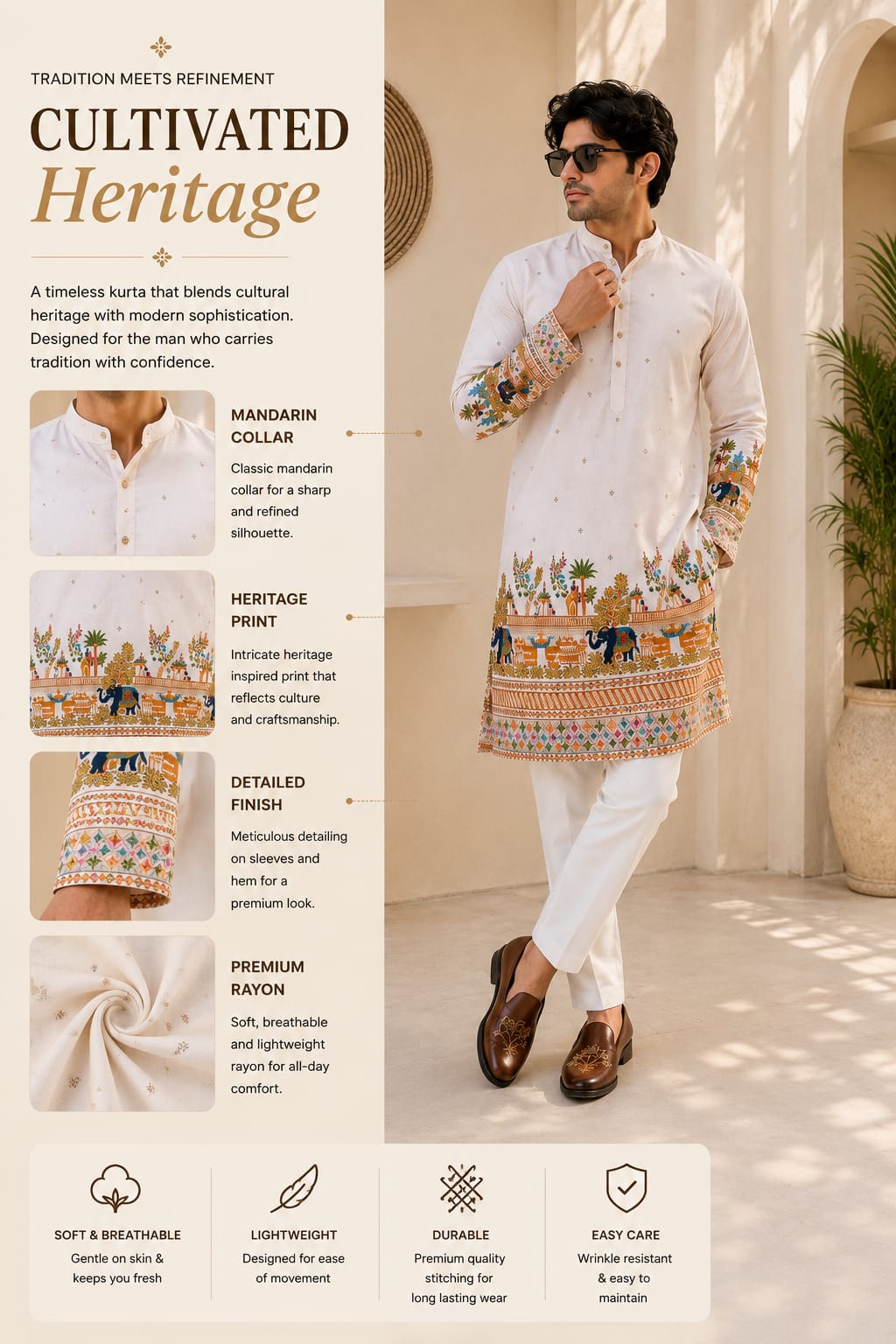 Cultivated Heritage Men’s White Rayon Kurta
