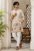 Scenic Heritage Men’s Beige Printed Kurta