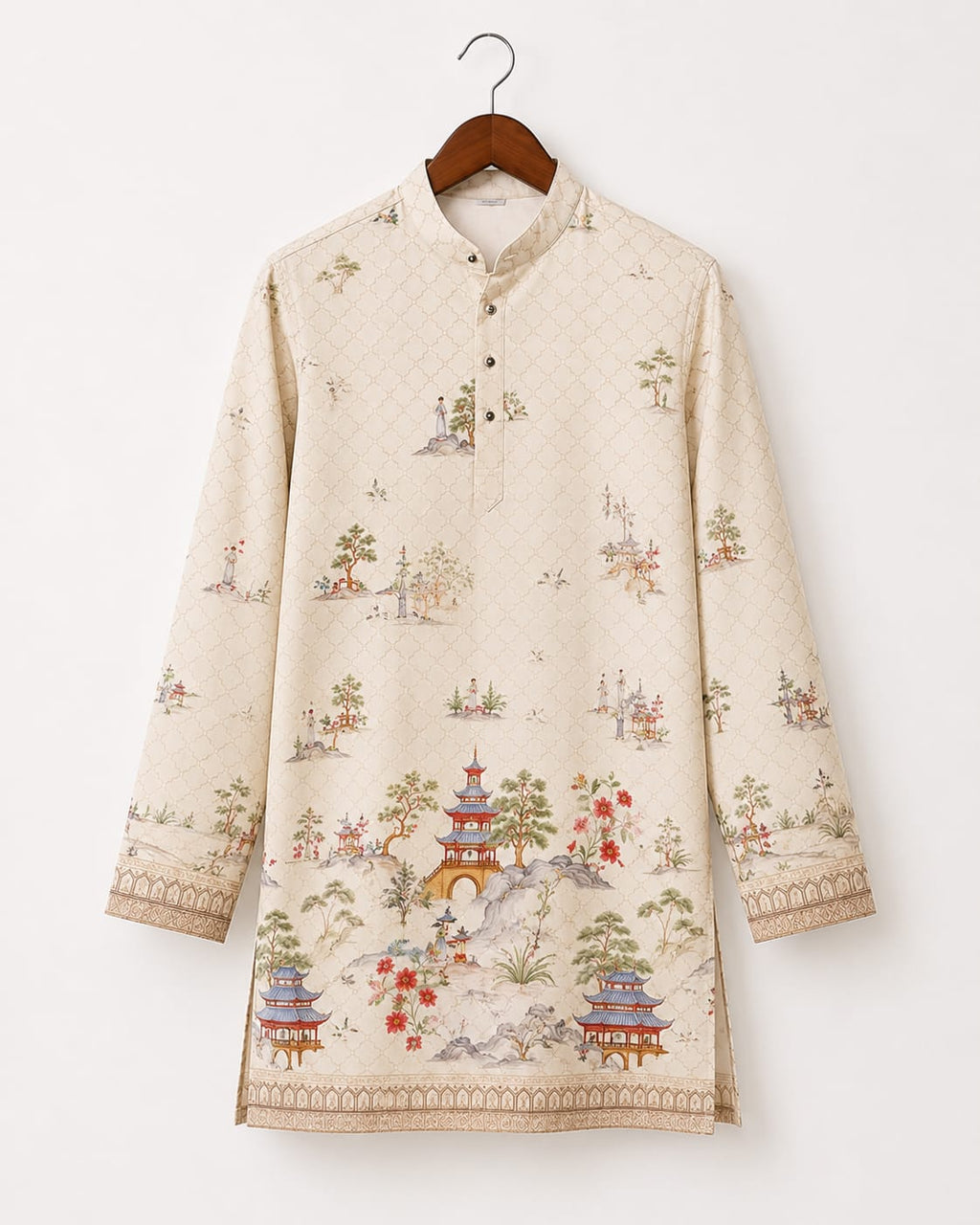 Scenic Heritage Men’s Beige Printed Kurta