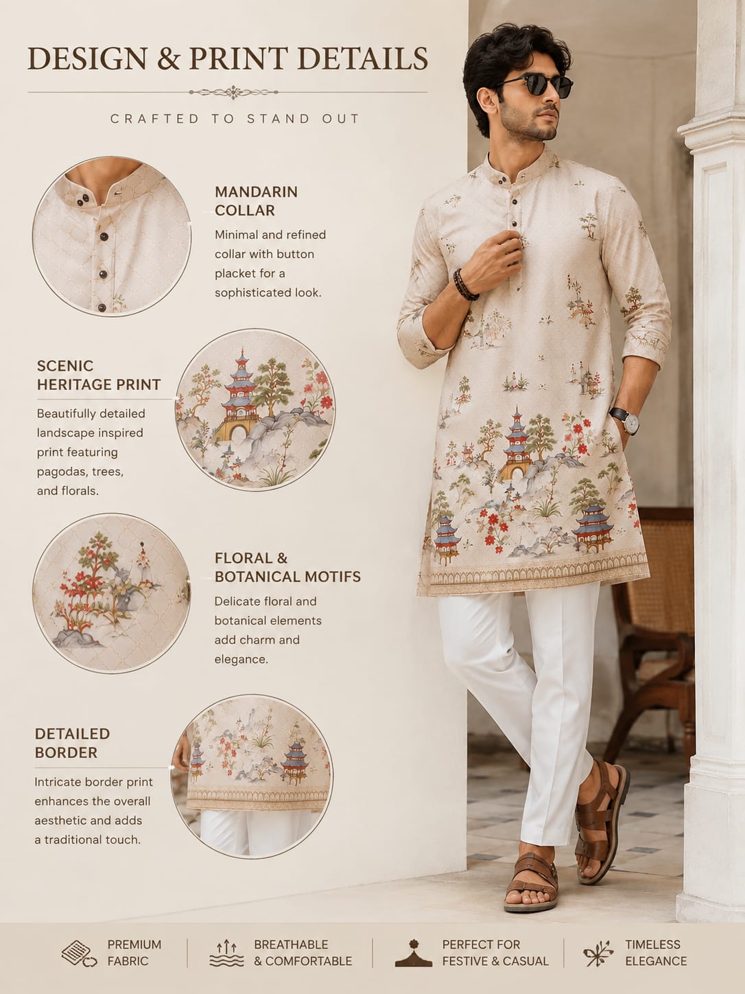Scenic Heritage Men’s Beige Printed Kurta