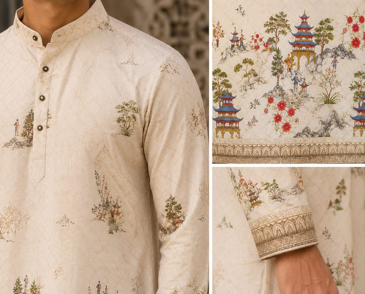 Scenic Heritage Men’s Beige Printed Kurta