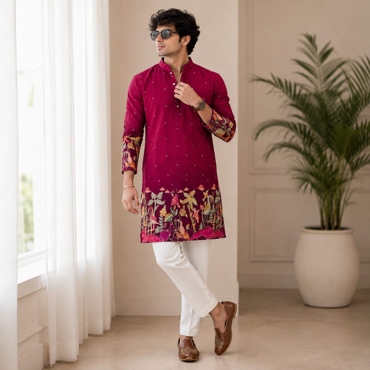 Royal Maroon Printed Designer Kurta for Men