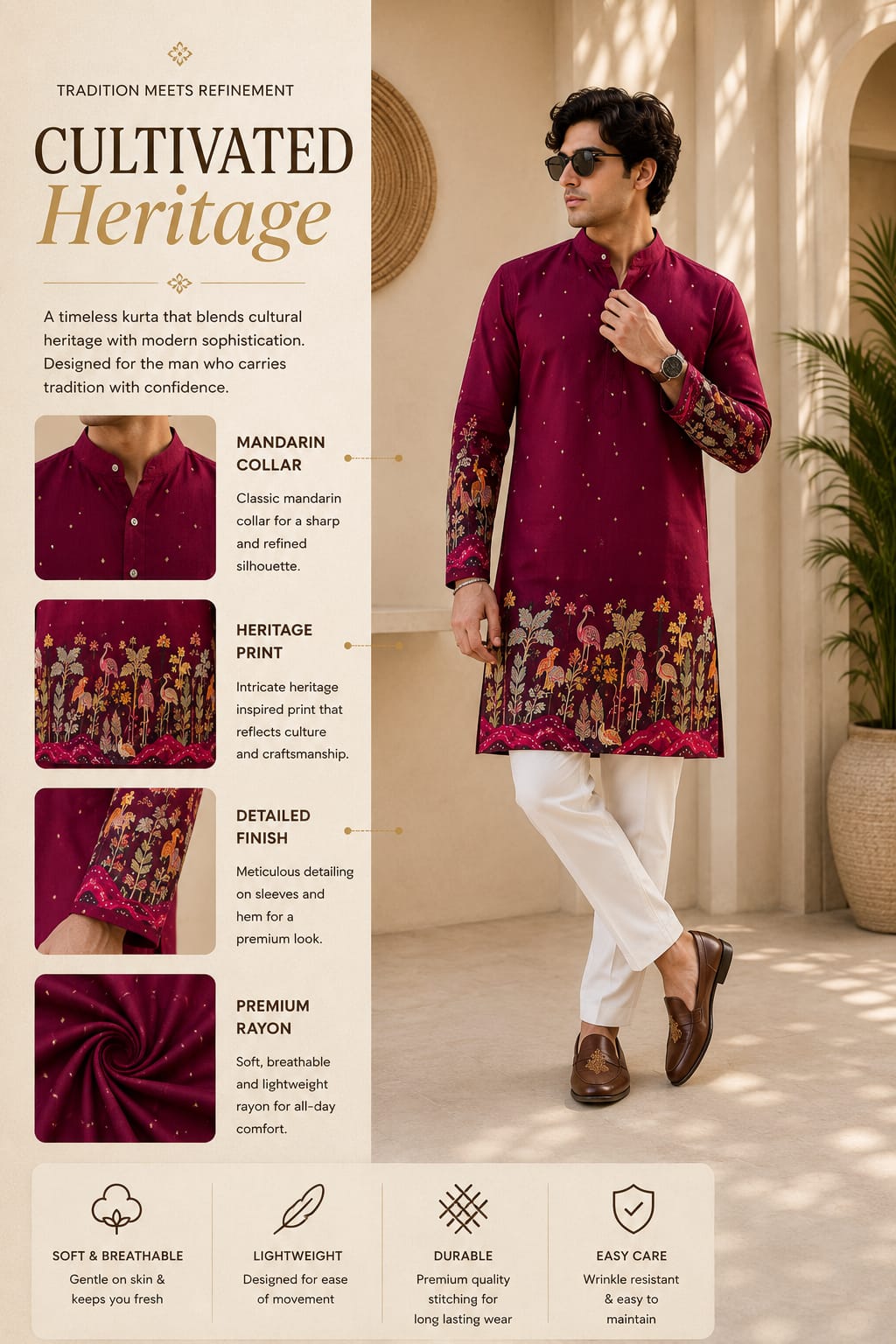 Royal Maroon Printed Designer Kurta for Men